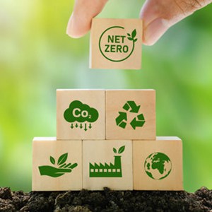 Sustainability initiatives printed on blocks and stacked up