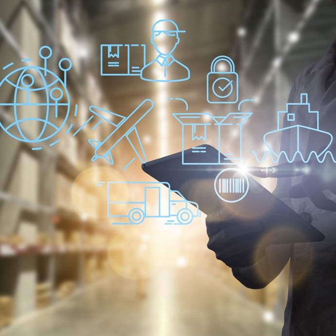 warehouse with overlaid supply chain graphic