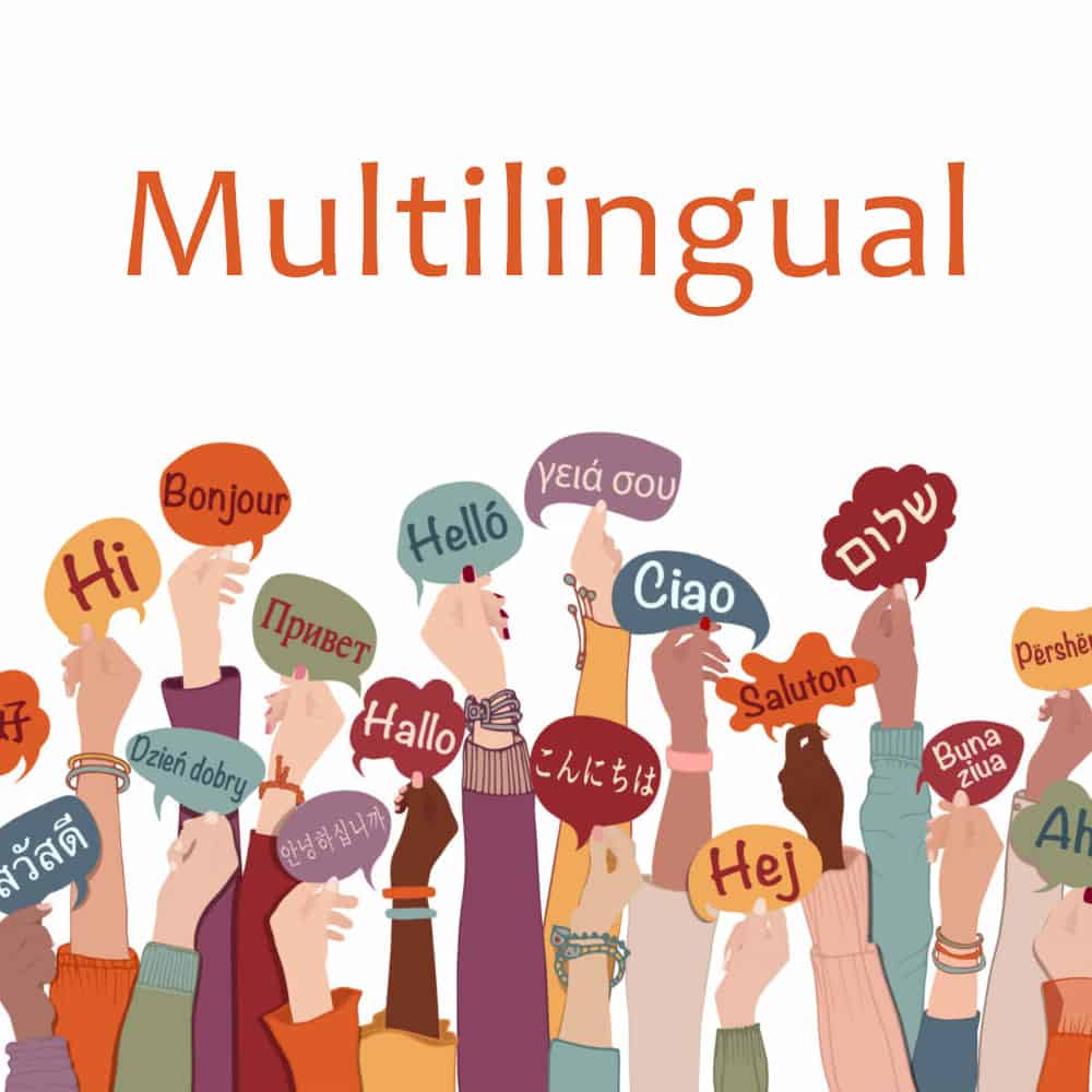 Hands in the air with holding signs with different languages