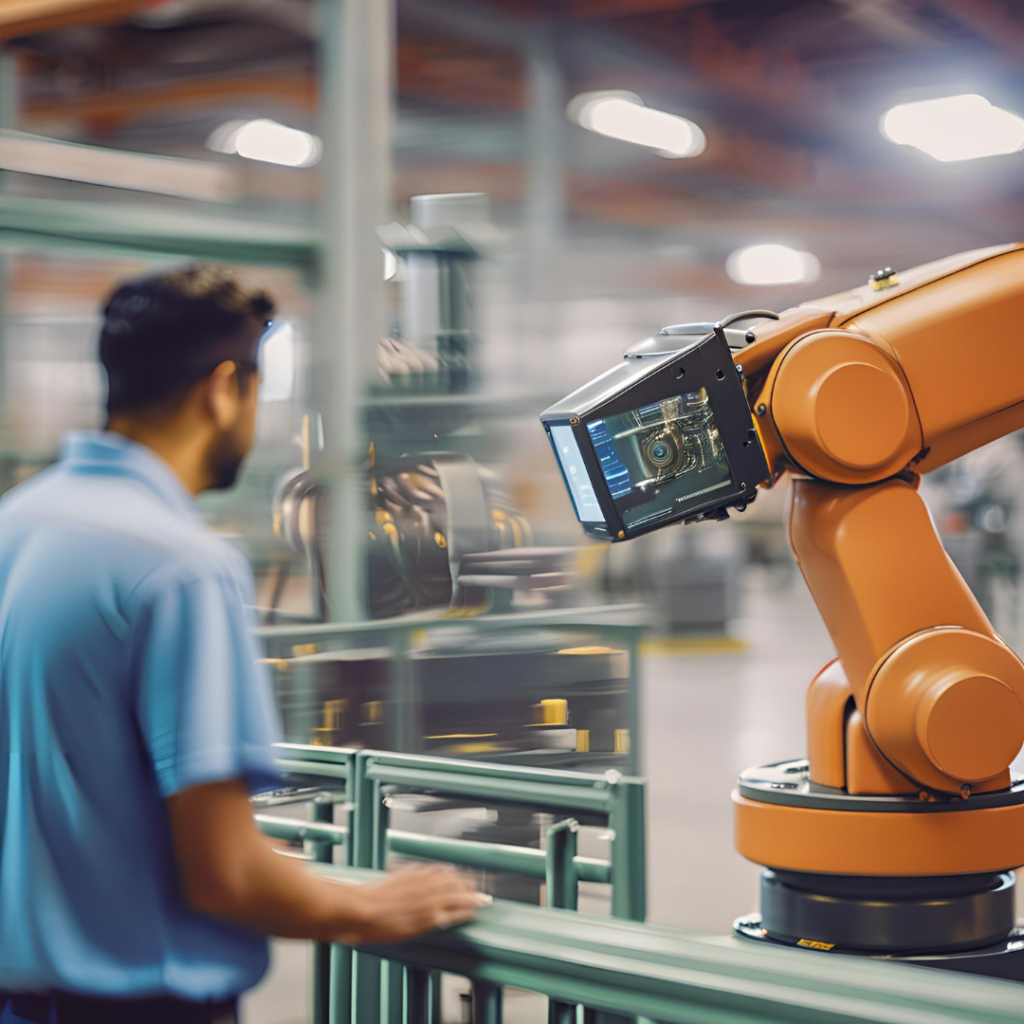 man in front of robotic arm